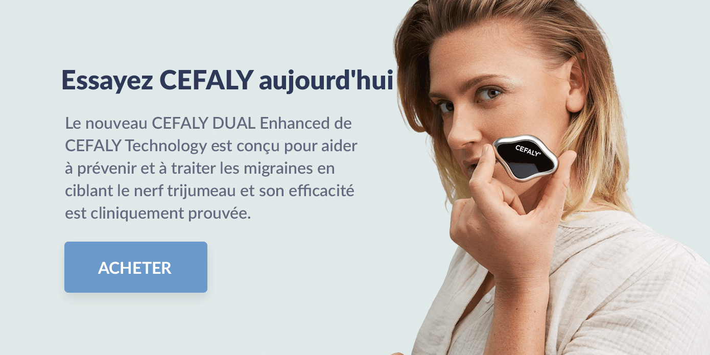 a woman holding a CEFALY device with the words Try CEFALY today